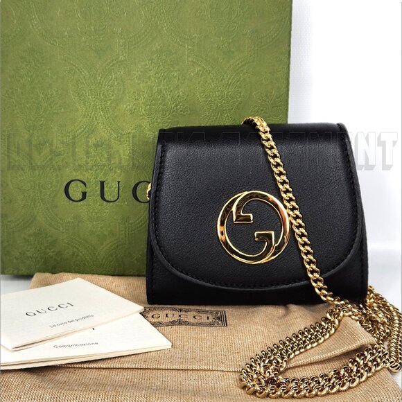 GUCCI black Leather BLONDIE Interlocking G Medium Wallet on chain Crossbody Bag - Picture 2 of 8